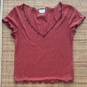PST Short Sleeve Ribbed Scoop Top in Rust with Contrast Trim